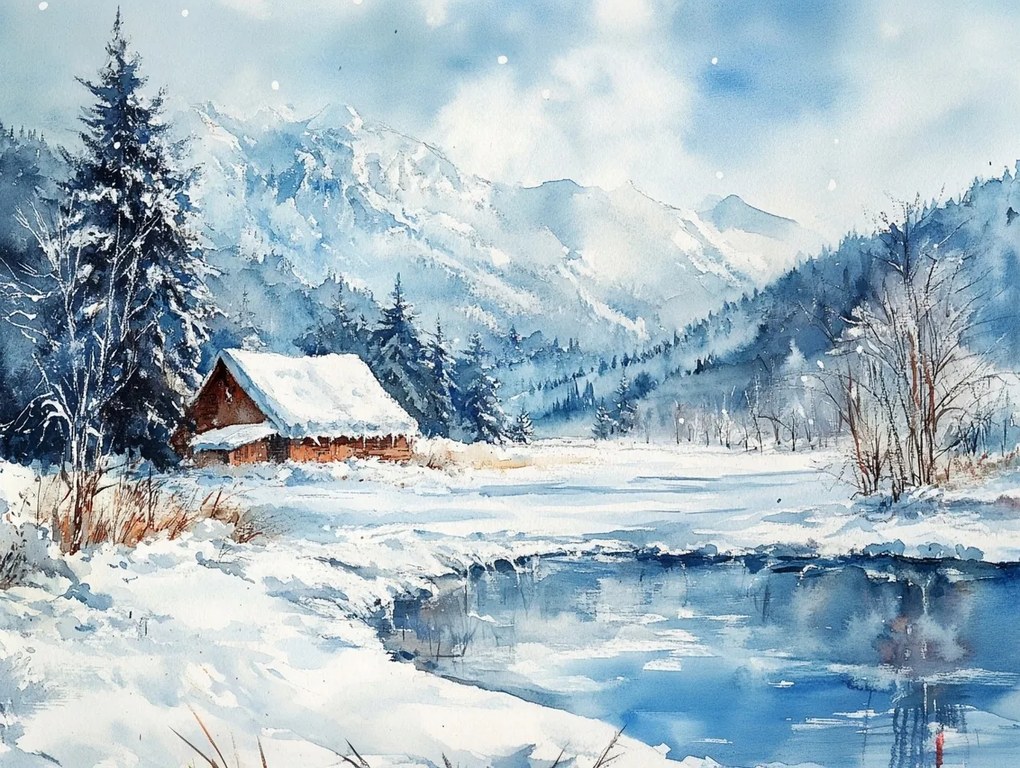 Vászonkép Canvas Tájkép Hegyek Tó Ház Tél Hó 80x60