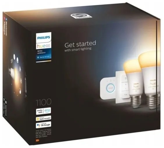Philips Hue WHITE AMBIANCE kezdőkészlet 2x E27/8W/230V izzó + Bridge és fényerőszabályzó kapcsoló