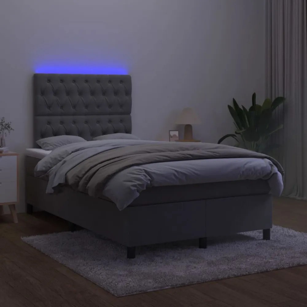 sötétszürke bársony rugós és LED-es ágy matraccal 120x200 cm