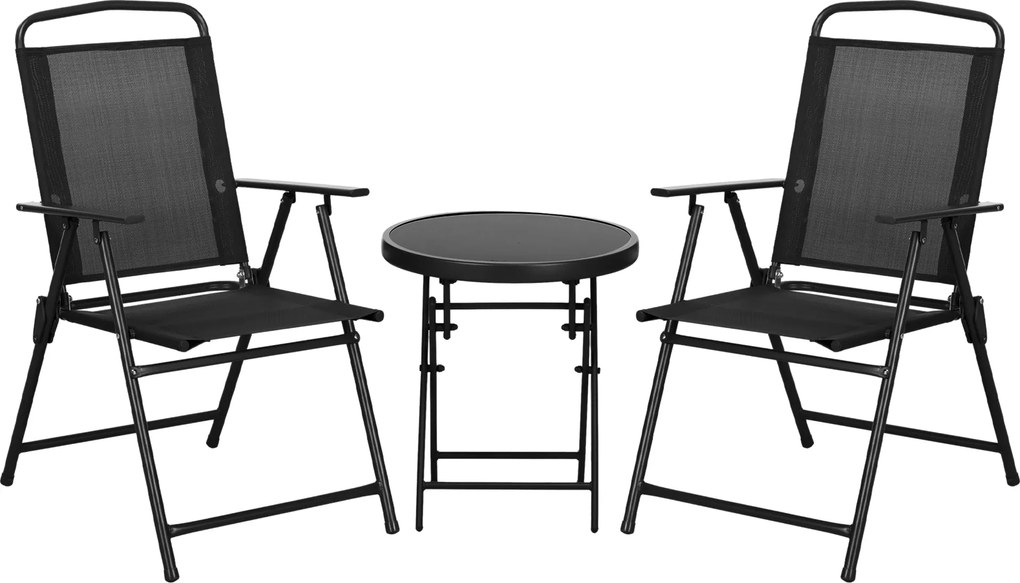 Outsunny 3 darabos Kerti Bistro Szett 2 Összecsukható Székkel Karfával + Kerek Üveg Felső Összecsukható Kávézó Asztal Magas Sűrűségű Hálós Szövet Fém