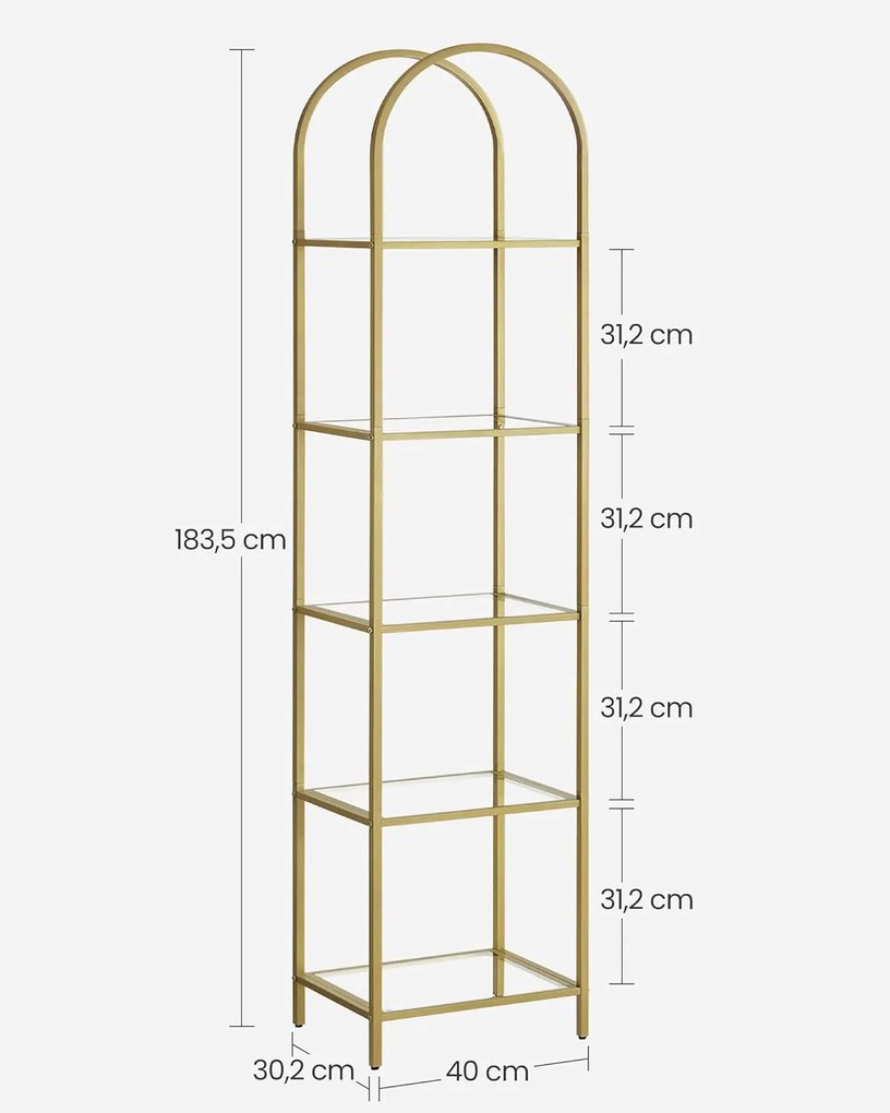 Könyvespolc, 5 szintes íves üveg tároló polc, arany színű