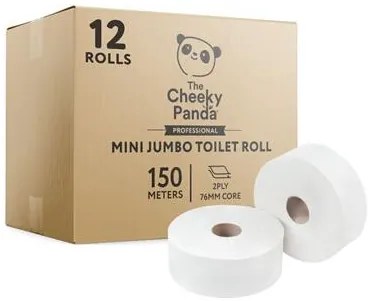 Toalettpapír, bambusz, 2 rétegű, nagytekercses, 18 cm átmérő, 150 m/tekercs, 12 tekercs, CHEEKY PANDA, fehér (KHH908)