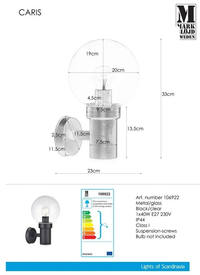 Caris fekete fali lámpa - Markslöjd