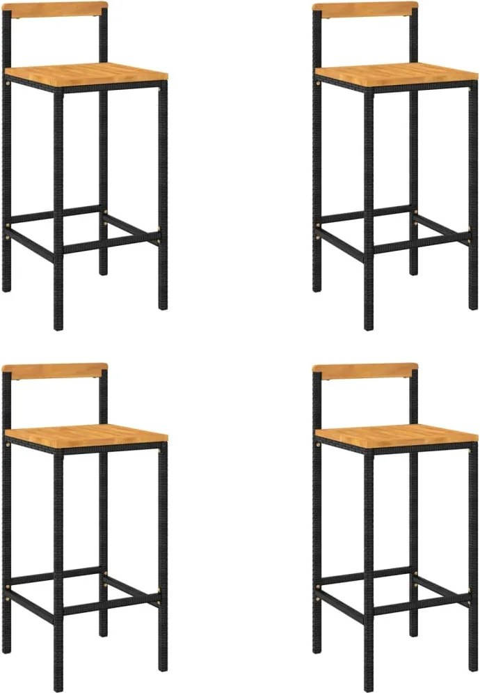 vidaXL 4 db fekete polyrattan és tömör akácfa bárszék