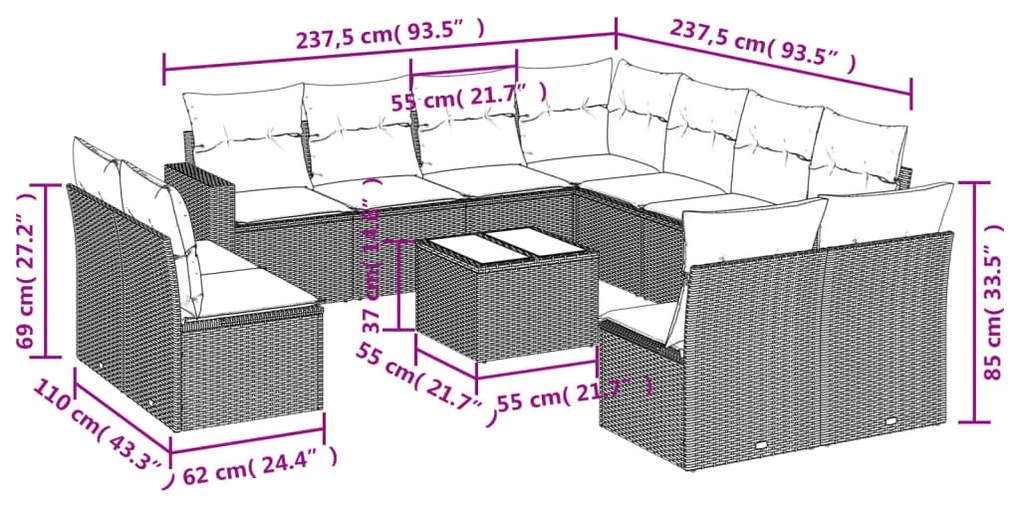 12 részes fekete polyrattan kerti ülőgarnitúra párnákkal