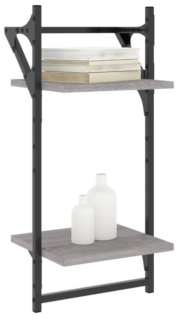 2 db 2 szintes szürke sonoma tölgy falipolc rúddal 30x25x65 cm