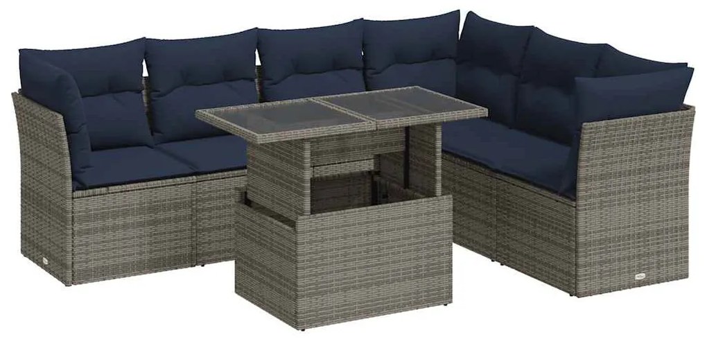 7 részes fekete polyrattan akácfa kerti ülőgarnitúra párnával