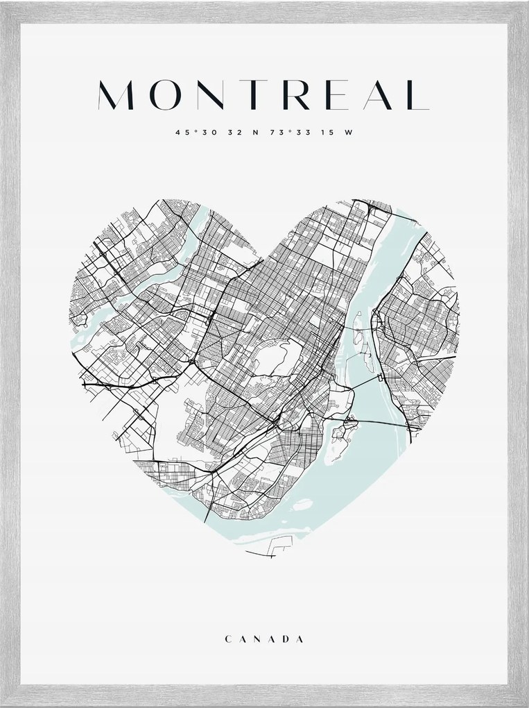 Poszter Várostérkép Montreal szív 40X50 cm ezüst keret