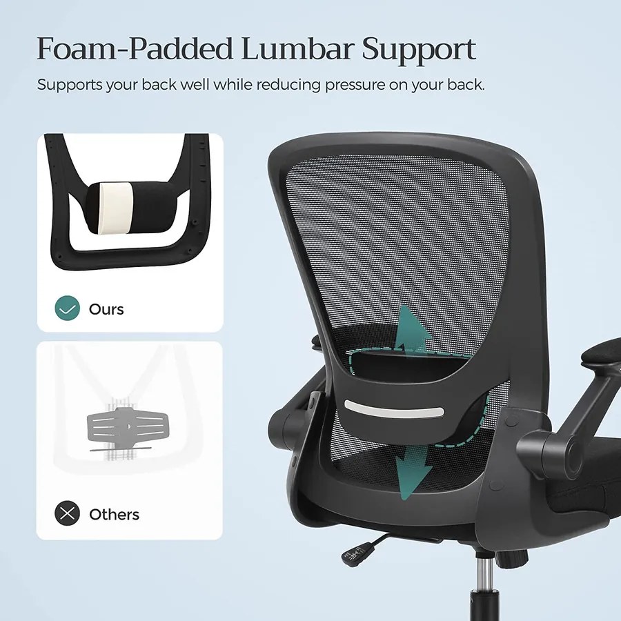 Irodai szék összecsukható karfákkal, ergonomikus számítógépes szék, fekete