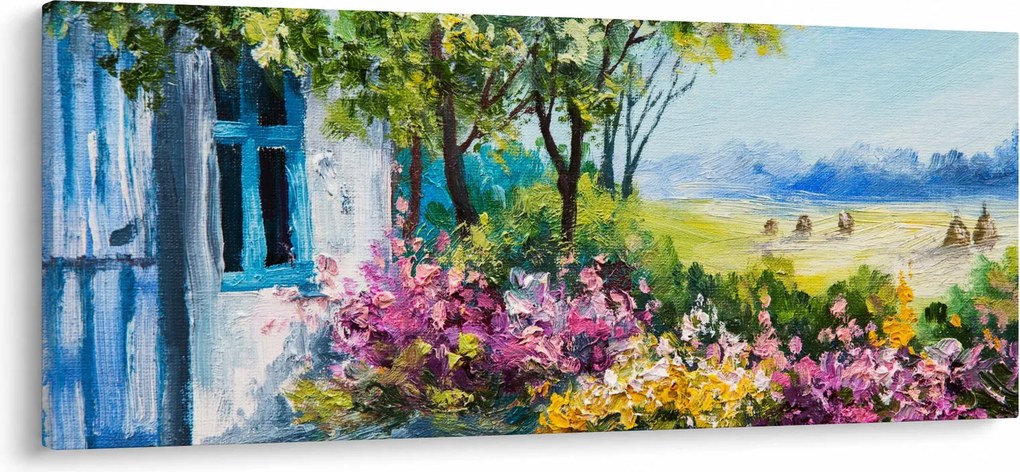 Kép a ház előtti kertről, olajfestmény (120x50 cm)