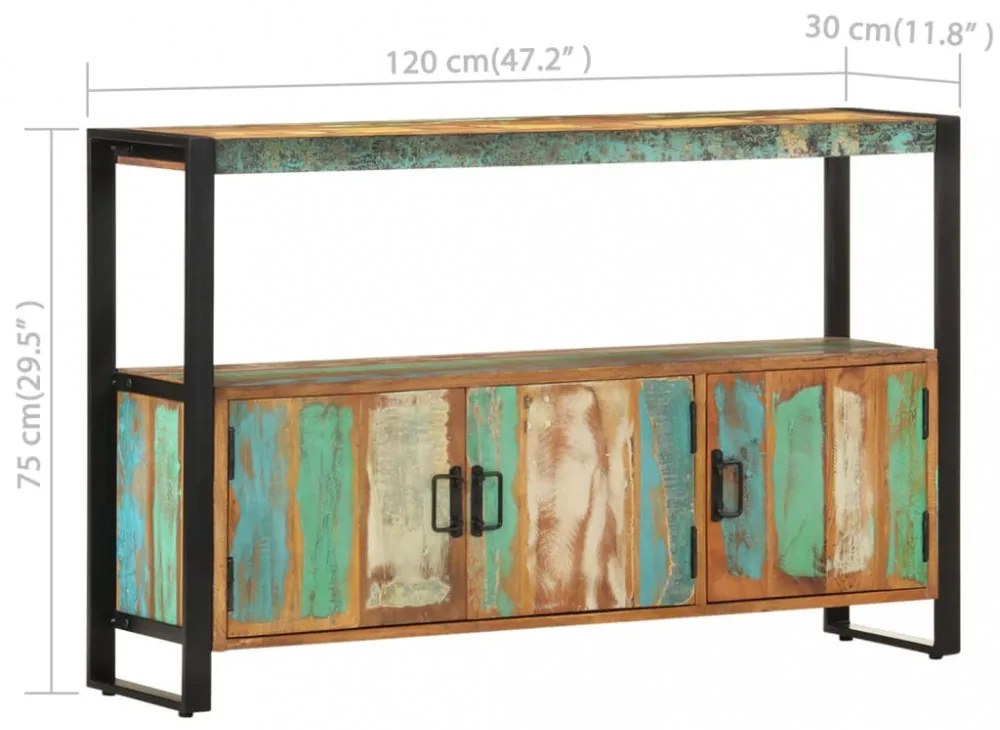 tömör újrahasznosított fa tálalószekrény 120 x 30 x 75 cm