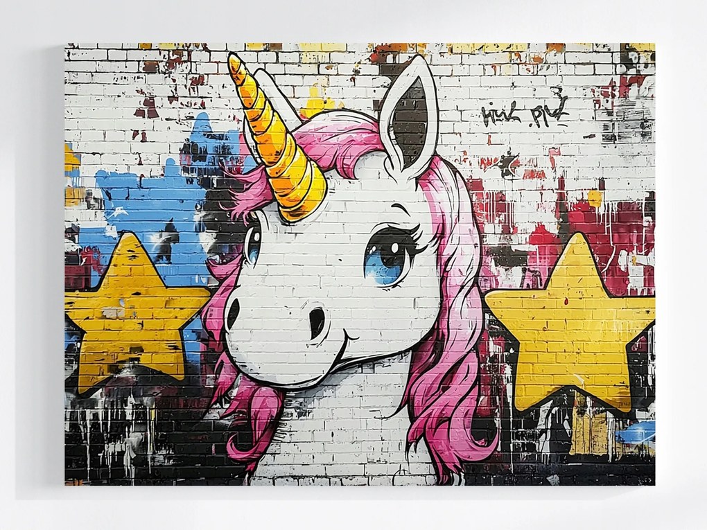Vászonkép Canvas Fal Tégla Graffiti Unikornis Ló Mesék 100x75