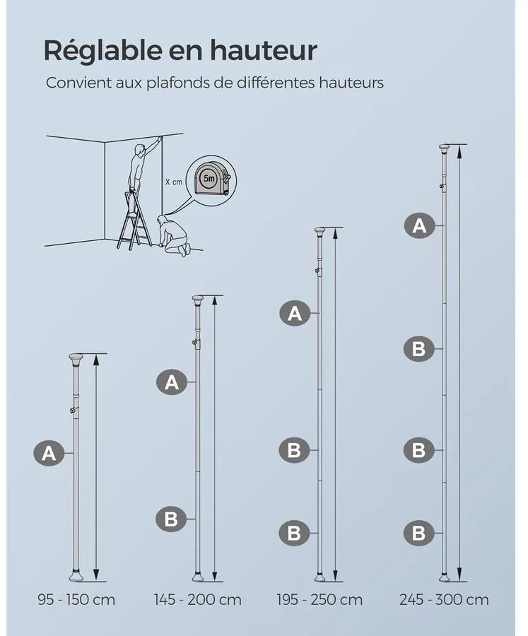 Állítható magasságú zuhanypolc 95-300 cm, teleszkópos  fürdőszobai tároló, ezüst és fekete