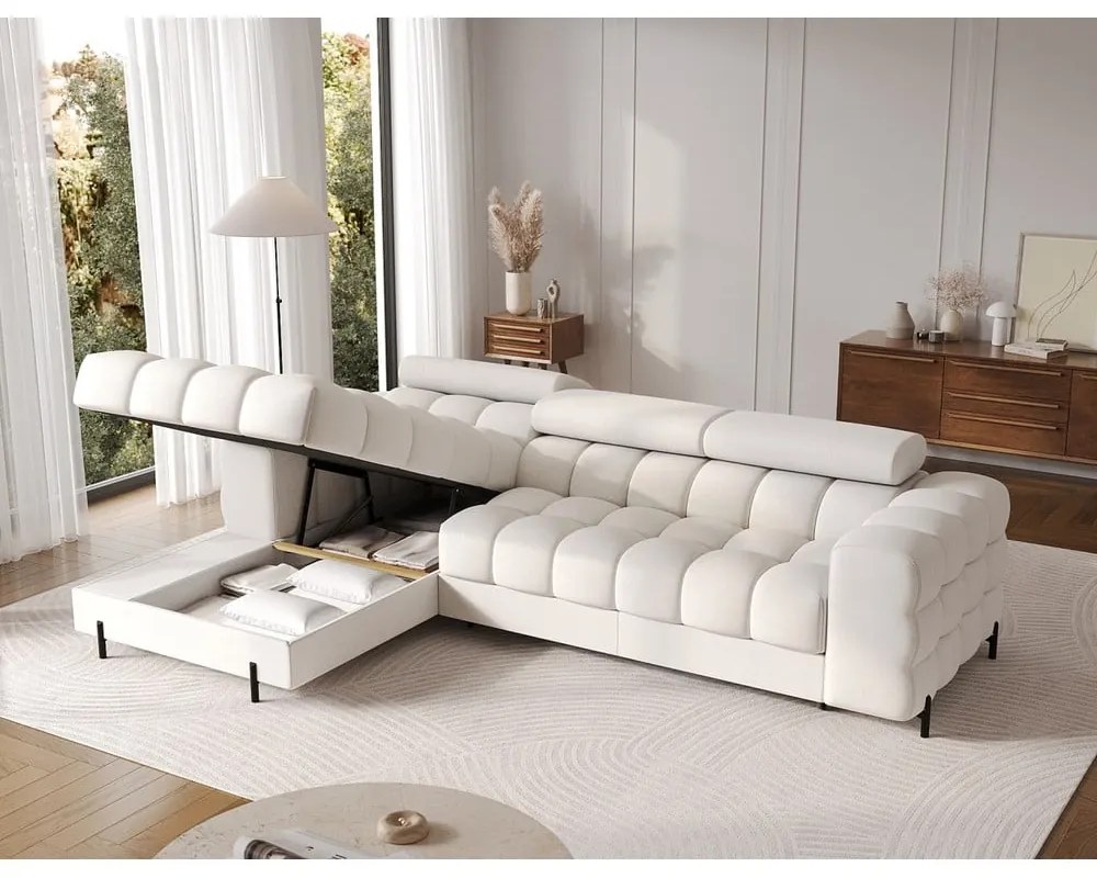 Krémszínű buklé kinyitható-tárolóhelyes sarokkanapé (bal oldali-heverő résszel) Felro – ELTAP