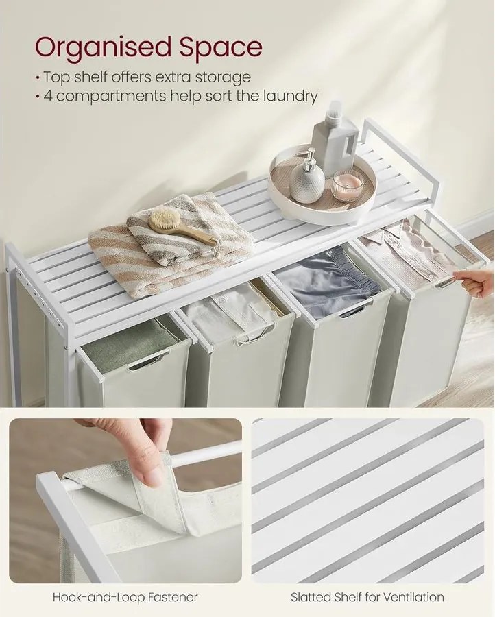 VASAGLE 4 rekeszes szennyeskosár 4 × 40 L, 116 × 33 × 72 cm, krémfehér és matt fehér