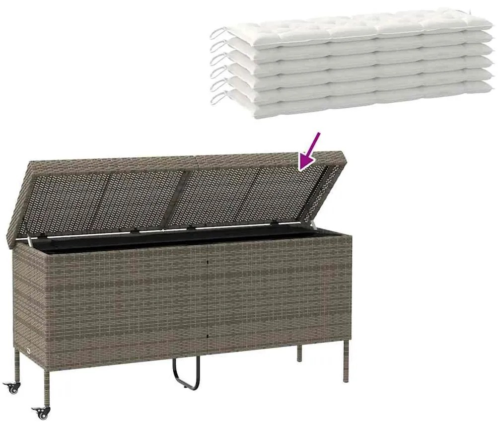 szürke polyrattan kerti tárolóláda kerekekkel 160x55x75 cm