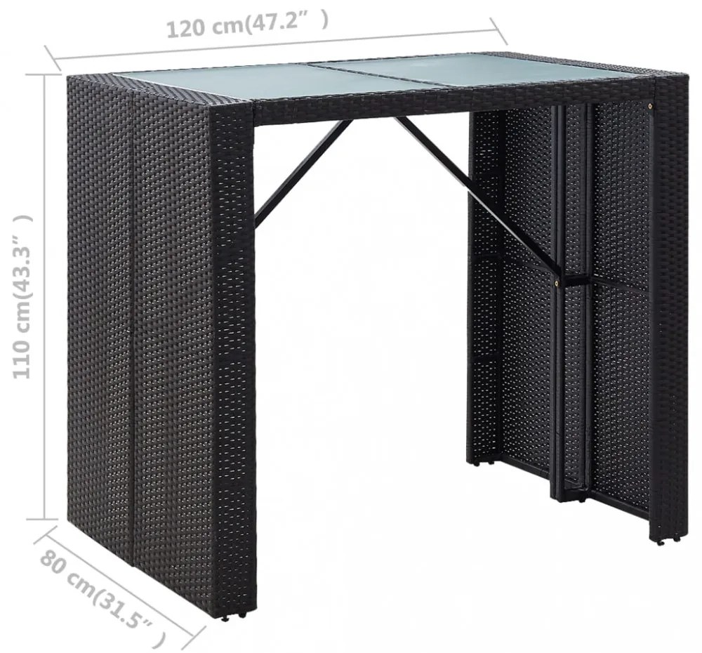 5 részes fekete polyrattan és üveg kültéri bárgarnitúra