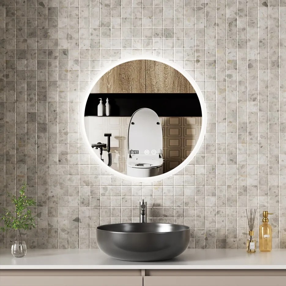 Erga Deam, kerek LED-es tükör 60cm, 3 színű világítás, első világítás, páramentes fűtőbetét, ERG-V01-Deam-6060-CL