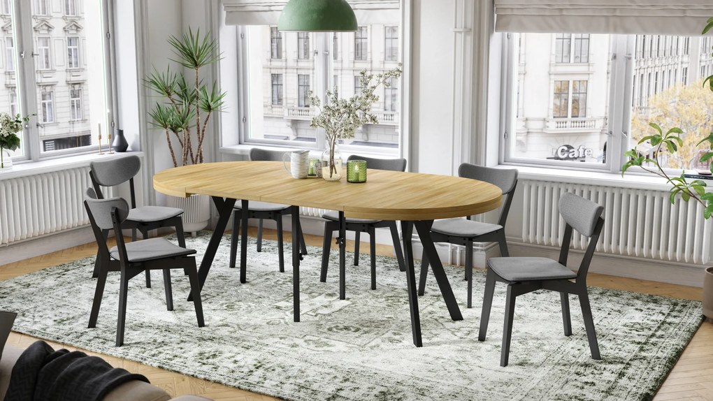 Mazzoni VITO Amerikai Tölgy/fekete lábak - LOFT/IPARI STÍLUSÚ 310 cm-re BŐVÍTHETŐ NAGY KEREK ASZTAL Ø110 Y LÁBAKKAL