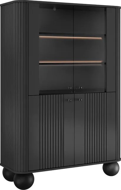 Vesper négyajtós vitrines szekrény 103 cm - fekete / fekete fogantyúk / gömb lábak