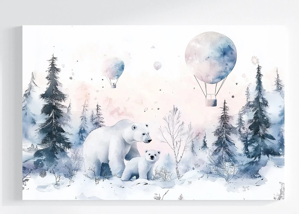 Vászonkép Canvas Tél Hó Erdő Fehér Mackó Lufi Séta 120x80