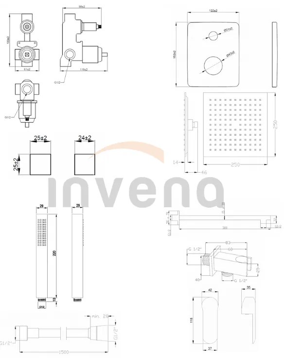 Invena Siros, rejtett zuhanygarnitúra 2 kivezetéses testtel, fekete matt, INV-BS-90-010-A