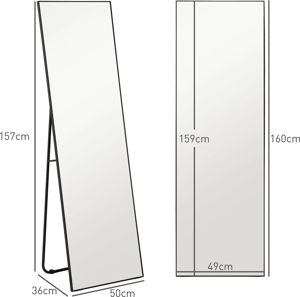 HOMCOM Nagy Tetejű Téglalap Alakú Teljes hosszúságú Tükör, 50 x 160 cm - álló, falra szerelhető vagy falnak dönthető - hálószobába, nappaliba és öltöz