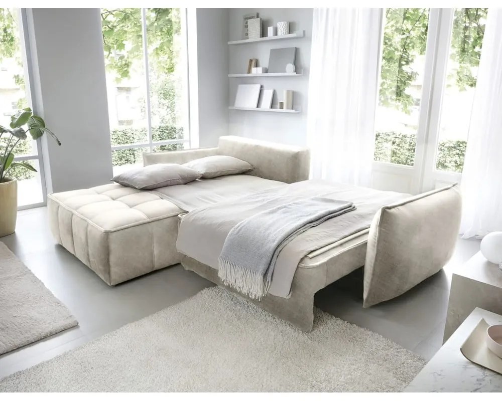 Bézs bársony kinyitható-tárolóhelyes sarokkanapé (bal oldali-heverő résszel) Campo – ELTAP