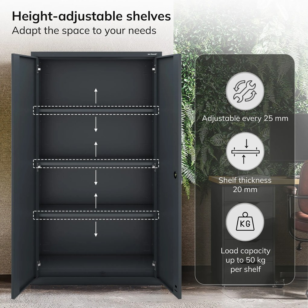 MEGAN moduláris többfunkciós fém szekrény lábazaton, antracit, 1600 x 900 x 400 mm