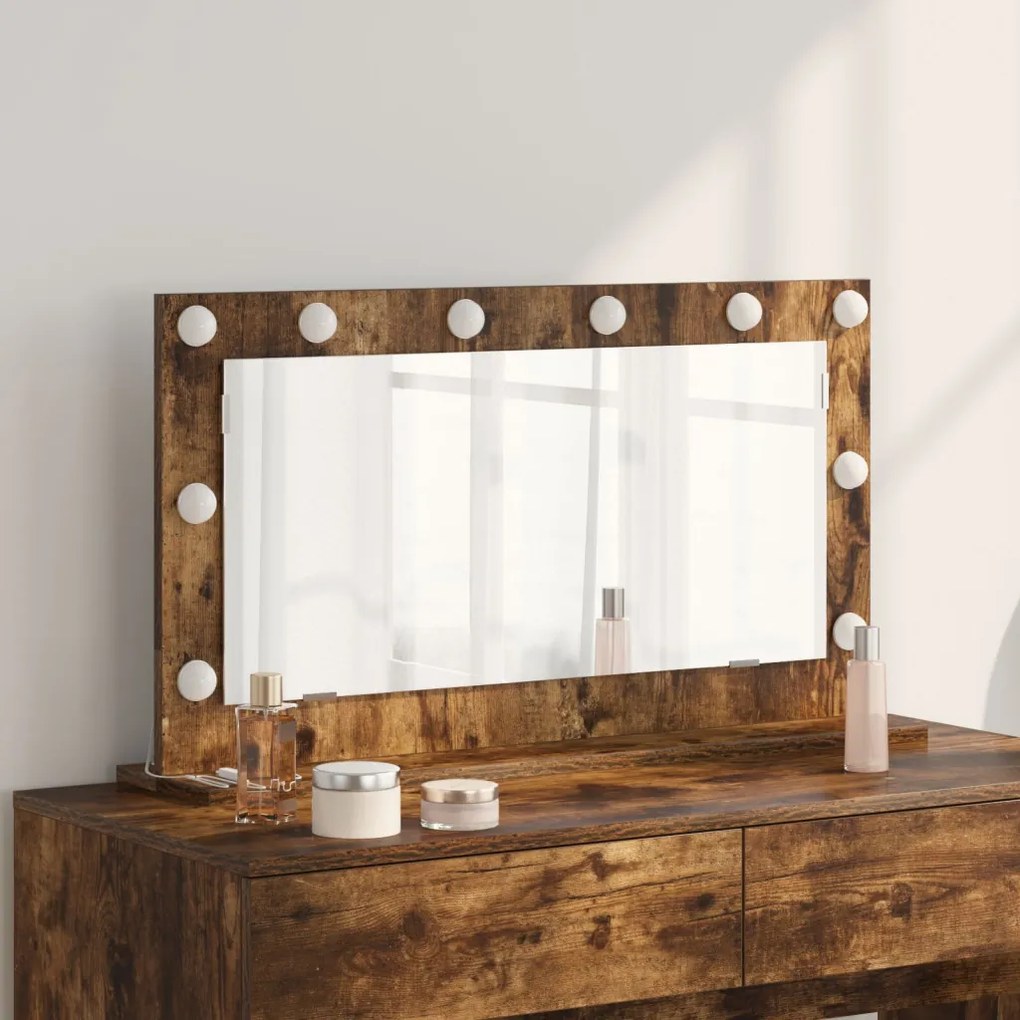 Toalett Tükör LED -es lámpákkal Füstölt tölgy 80 x 45 x 18 cm