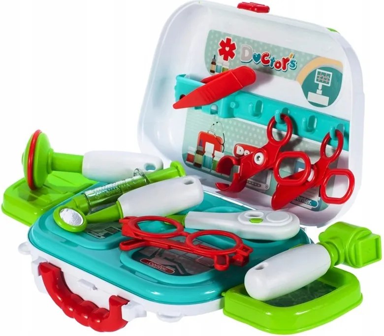 Gyermek orvosi készlet, fogantyús bőrönddel, hordozószíjjal, 12 kiegészítővel, többszínű