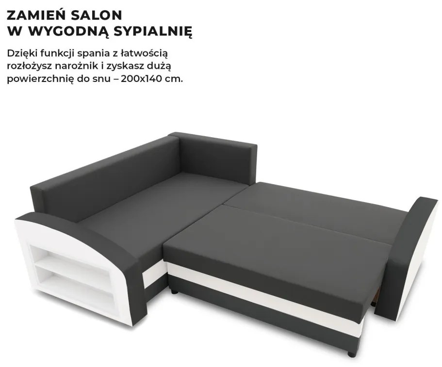 Grande sarokkanapé polcokkal , polc a bal karfaban, baloldali, szövet anyag, bonell töltet, szürke - fehér