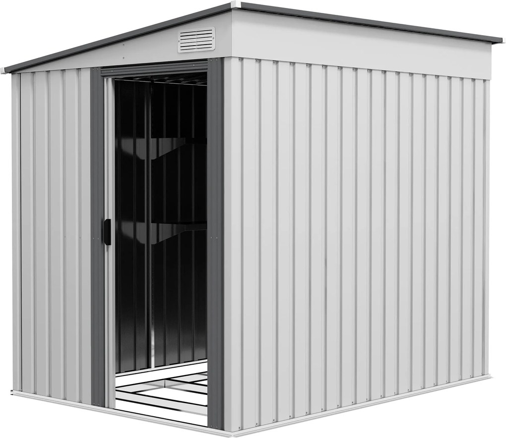 Outsunny Fém Kertiszerszám Sátor 1.5x2m Talapzattal, Kerti Sátor Csúszó Ajtóval, Lejtős Tetővel, Polcokkal, Akasztókkal és Szellőzőnyílásokkal, Fehér