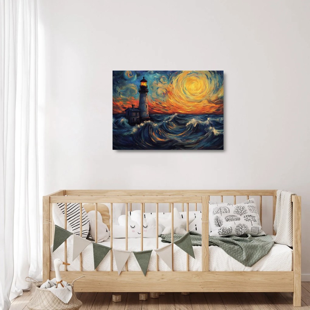 Üveg kép - Világítótorony a hullámokban (70x50 cm)