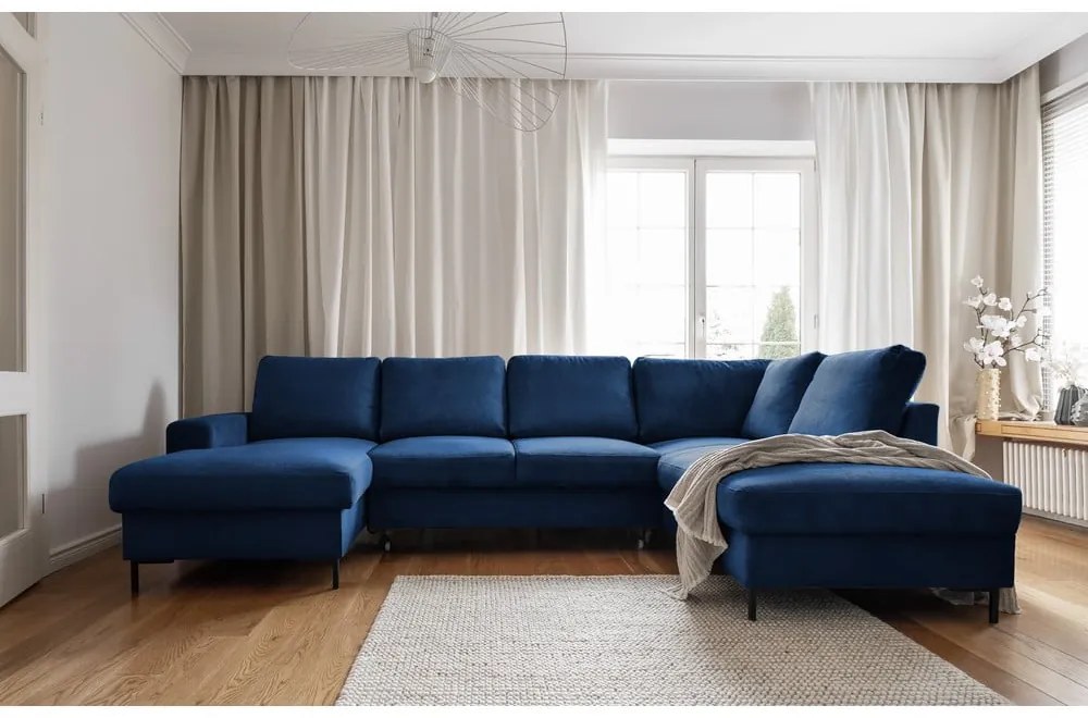 Sötétkék kordbársony kinyitható sarokkanapé (jobb oldali) Lofty Lilly – Miuform