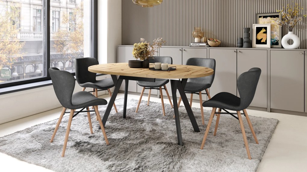 Mazzoni ALMO Artisan tölgy/fekete lábak - BŐVÍTHETŐ KEREK ASZTAL Y ALAKÚ LÁBAKKAL LOFT/IPARI STÍLUSÚ NAPPALIBA/ÉTKEZŐBE