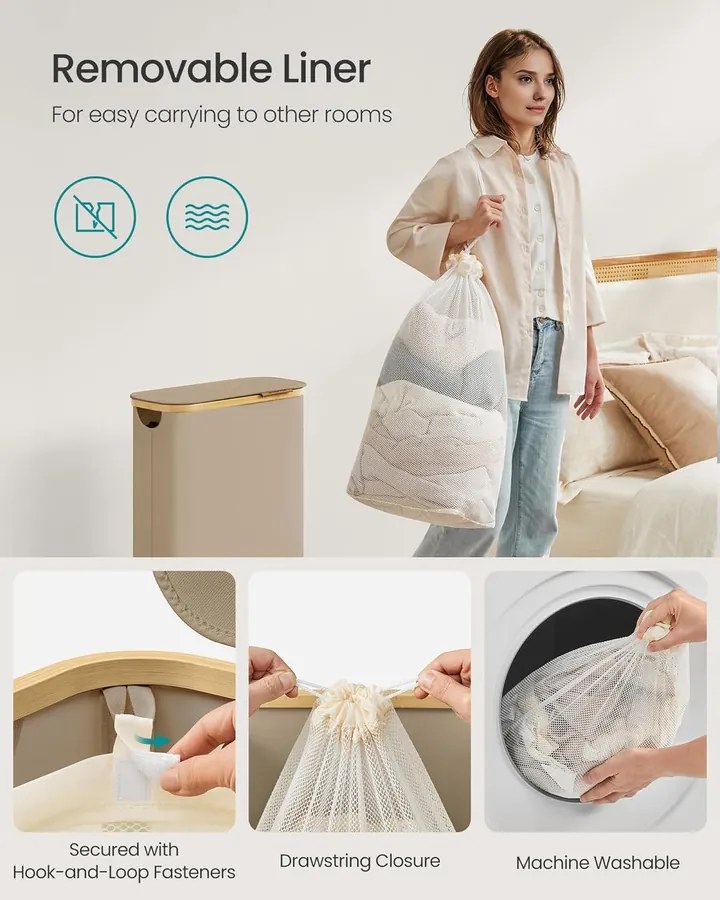 Szennyeskosár fedővel, keskeny szennyes tároló, 65 L, 42 x 22,5 x 70,5 cm, Tevebarna