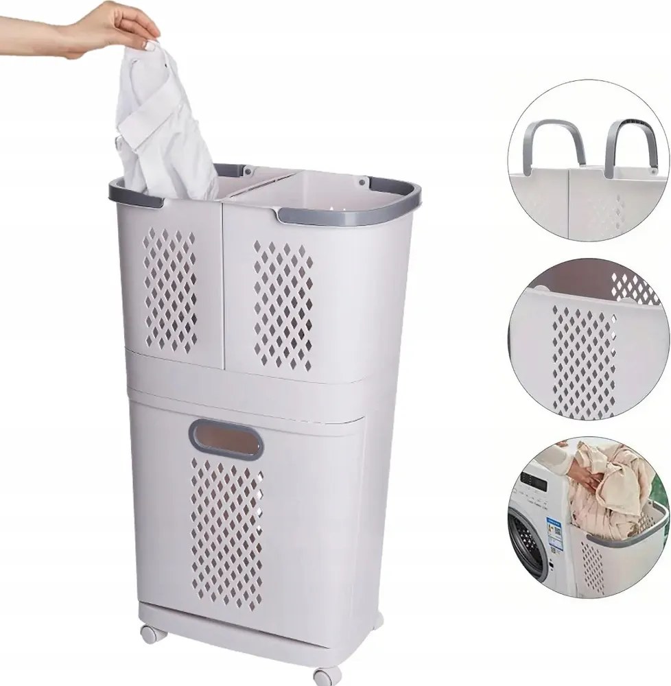 3 rekeszes összecsukható szennyestartó kosár kerekes fogantyúval Áttört fehérnemű szortírozó