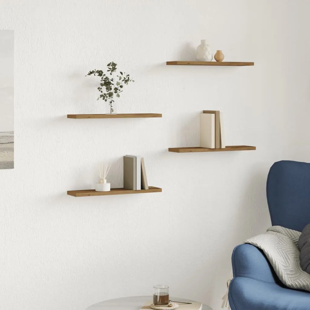 4 db kézműves tölgy színű szerelt fa fali polc 40 x 10 x 1,5 cm