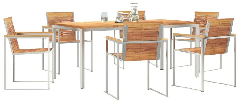 7 Részes Kerti Étkező Szett Tömör Fából Készült Tíkkal, Kültéri Étkezőasztal 180x90x75 cm Tömör Fából Készült Tíkkal