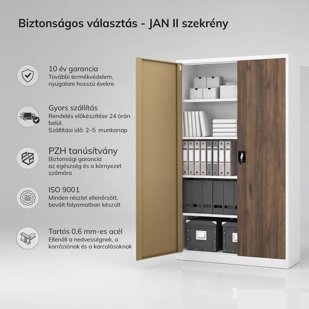 Irodai fém irattározó szekrény fehér / dió: Eco Design JAN II, 1150 x 1850 x 400 mm