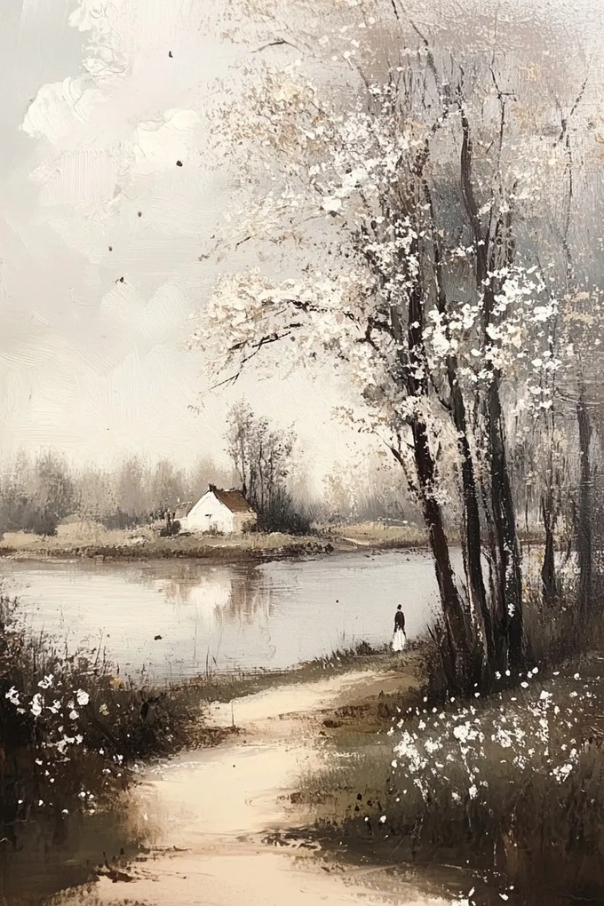 Vászonkép Canvas Tájkép Folyó Ház Fák Falu Vintage Retro 80x120