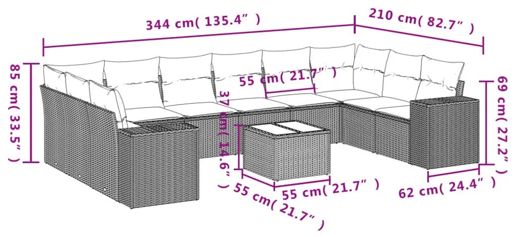 11 részes fekete polyrattan kerti ülőgarnitúra párnákkal