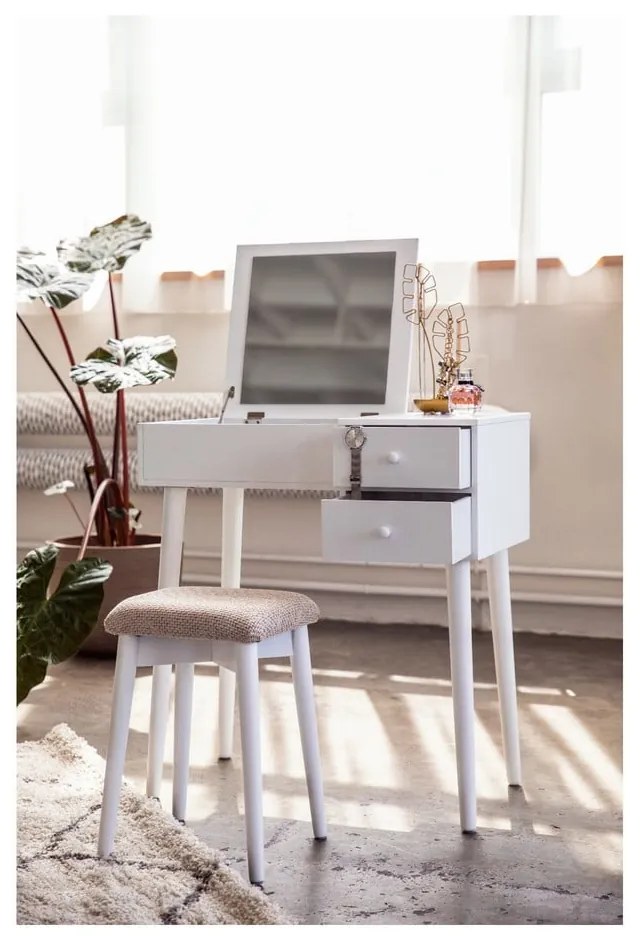 Beauty fehér fésülködőasztal tükörrel, ékszertartóval és 2 fiókkal - Chez Ro