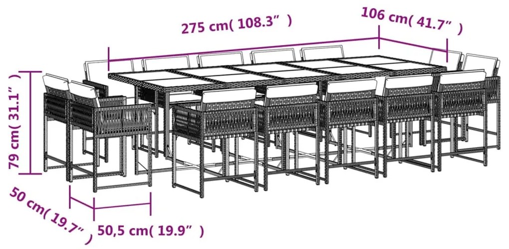 15 részes fekete polyrattan kerti étkezőgarnitúra párnákkal