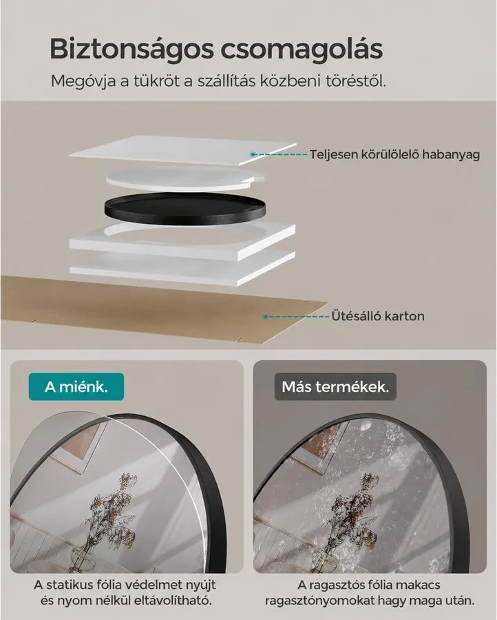 Modern fali tükör, kerek tükör, 61 cm átmérő, fekete