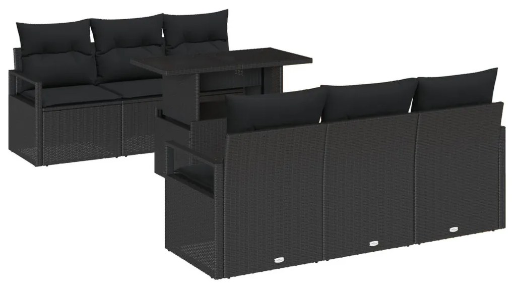 7 Darabos Kerti Kanapé Szett Párnákkal Fekete Polyrattan, 2 Fős Kerti Kanapé Tárolóval és Párnákkal Fekete Polyrattan