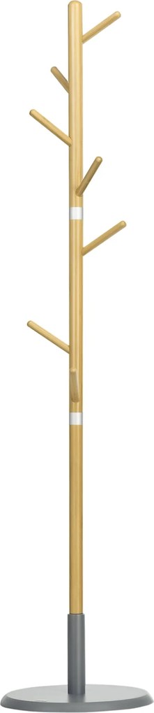 HOMCOM Bambusz Kabát Akasztó Önálló Kabátfa 8 Akasztóval Ruhák Táskák Függesztésére Fával Formázott Kabát Akasztó Ø37,8x175,6 cm Természetes és Szürke