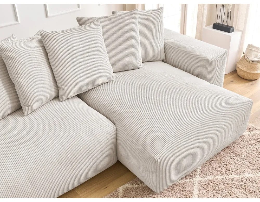 Krémszínű kordbársony kinyitható-tárolóhelyes sarokkanapé Voltaire – Bobochic Paris