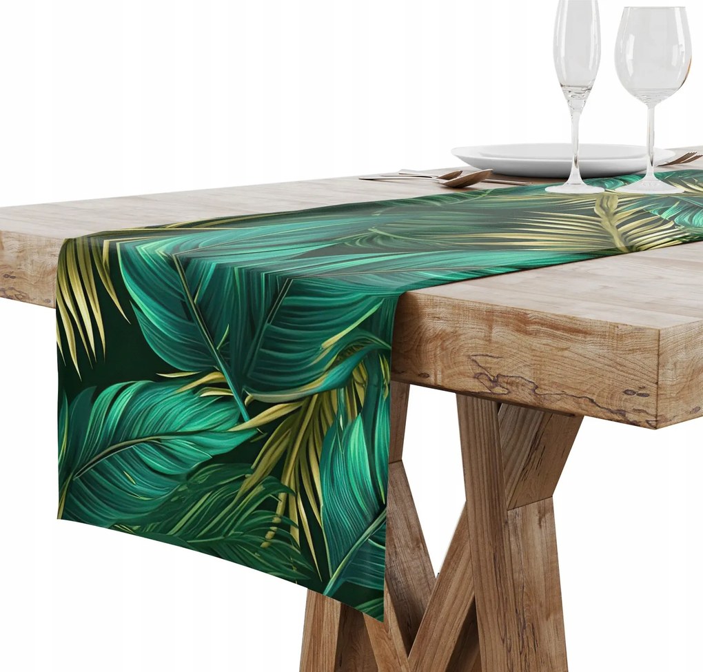 Futófelület Abrosz Asztalra Matt Sima 40x140 Arany Trópusi Levelek 005